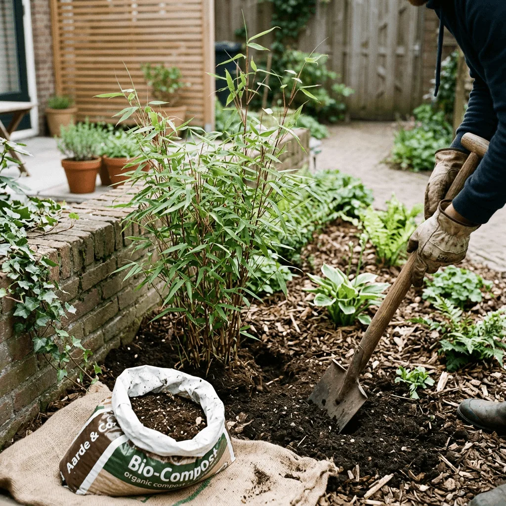 bamboe aanplanten kleine tuin met schop en compost klaar