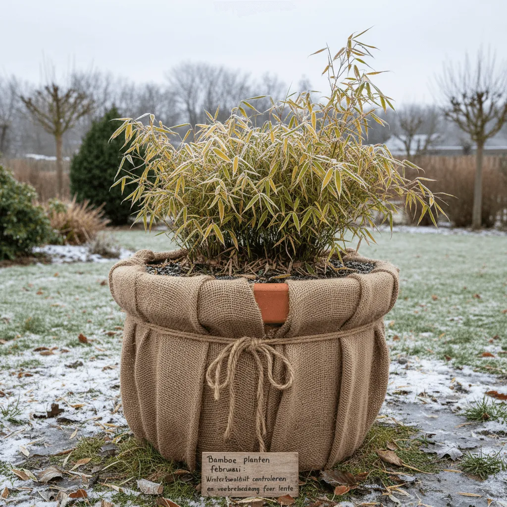 bamboe fargesia pol in winter met beschermende jute omhulling pot