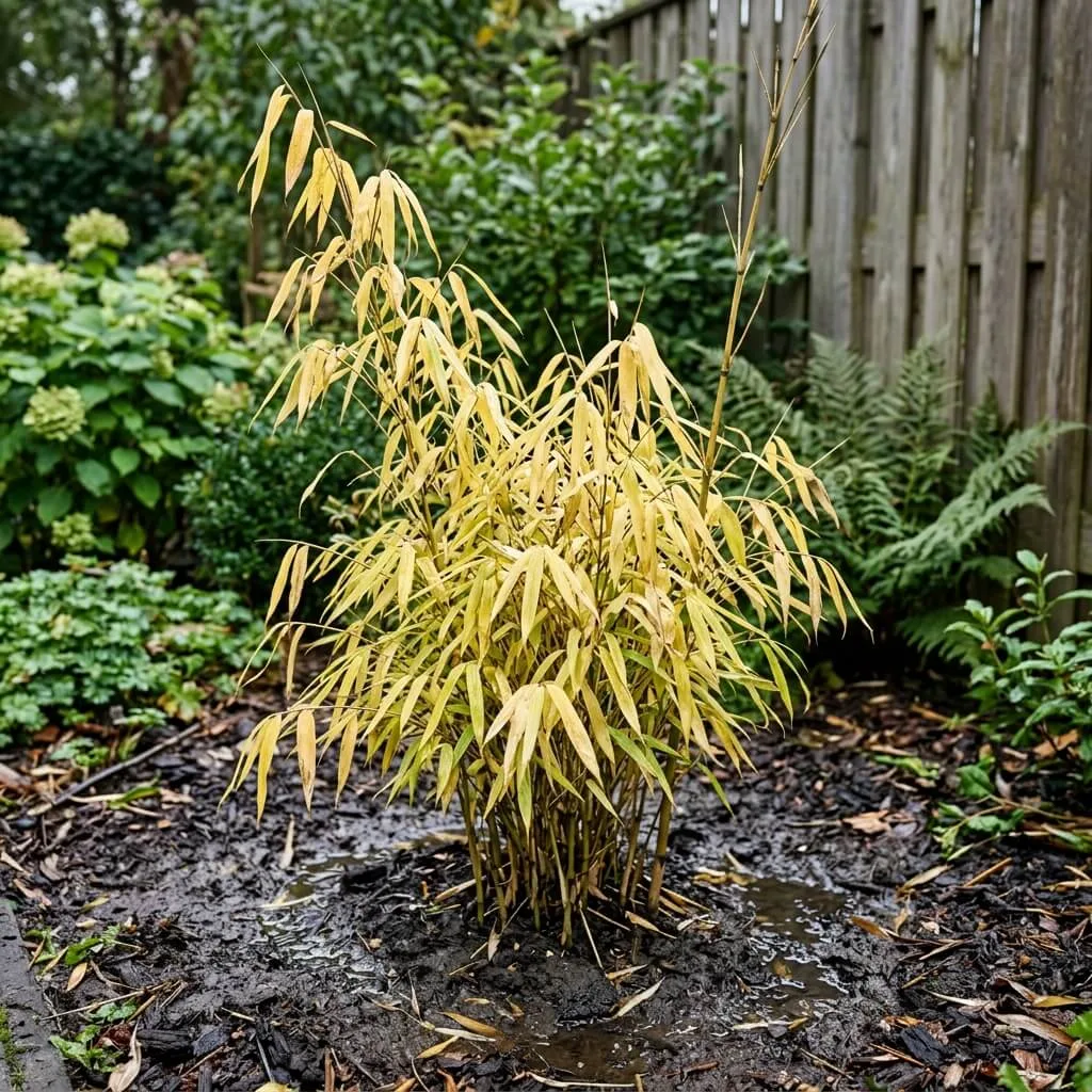 bamboe met gele bladeren door wateroverlast in natte bodem