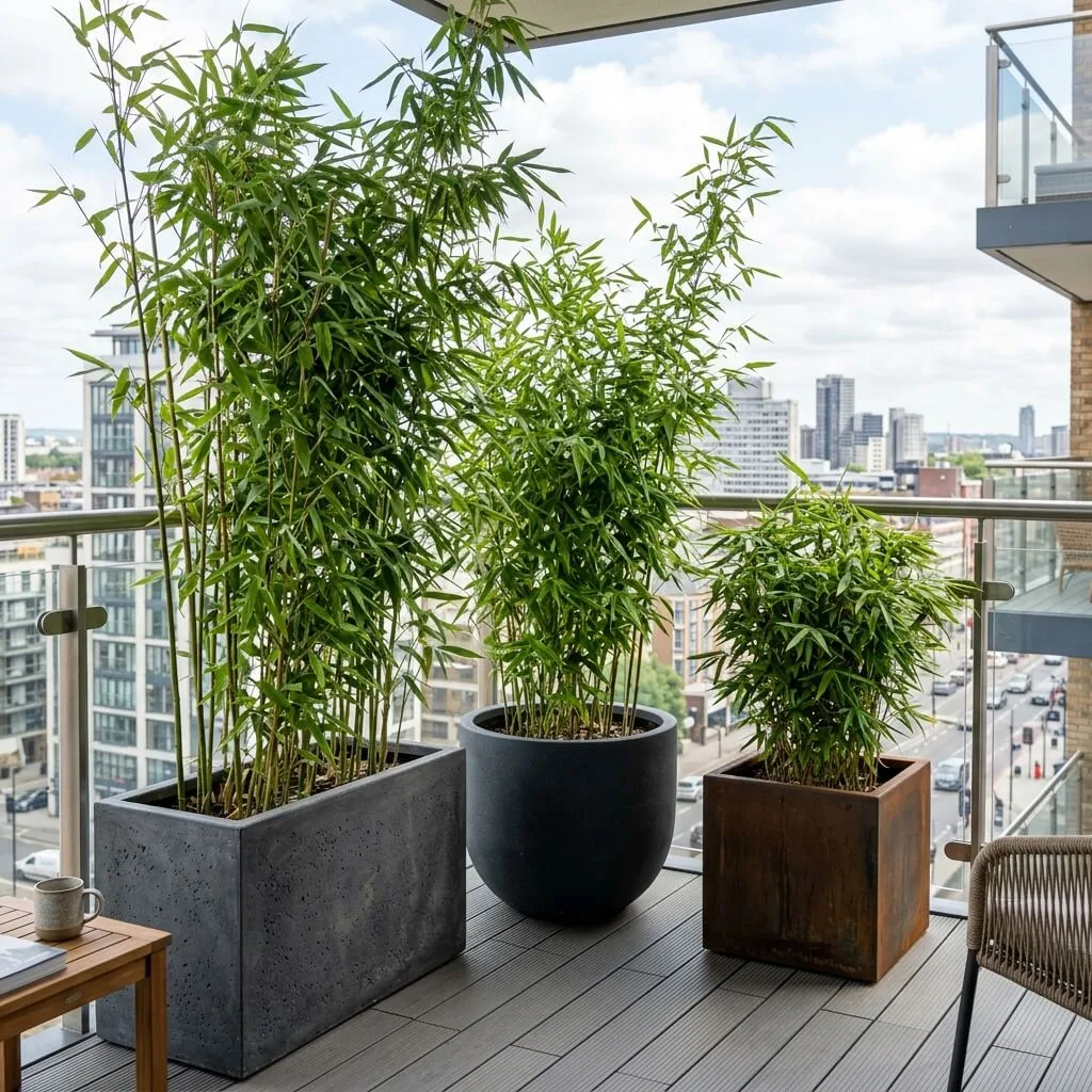 bamboe grote potten containers op modern balkon met stadsview