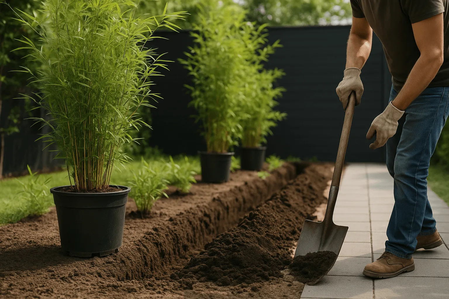bamboe haag aanleggen in moderne tuin met privacy scherm