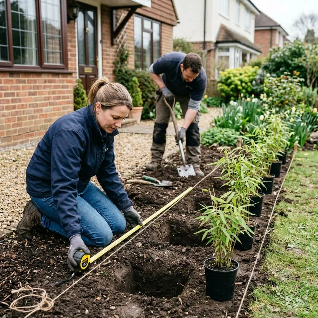 bamboe haag aanleggen in voortuin met meetlint en plantgaten