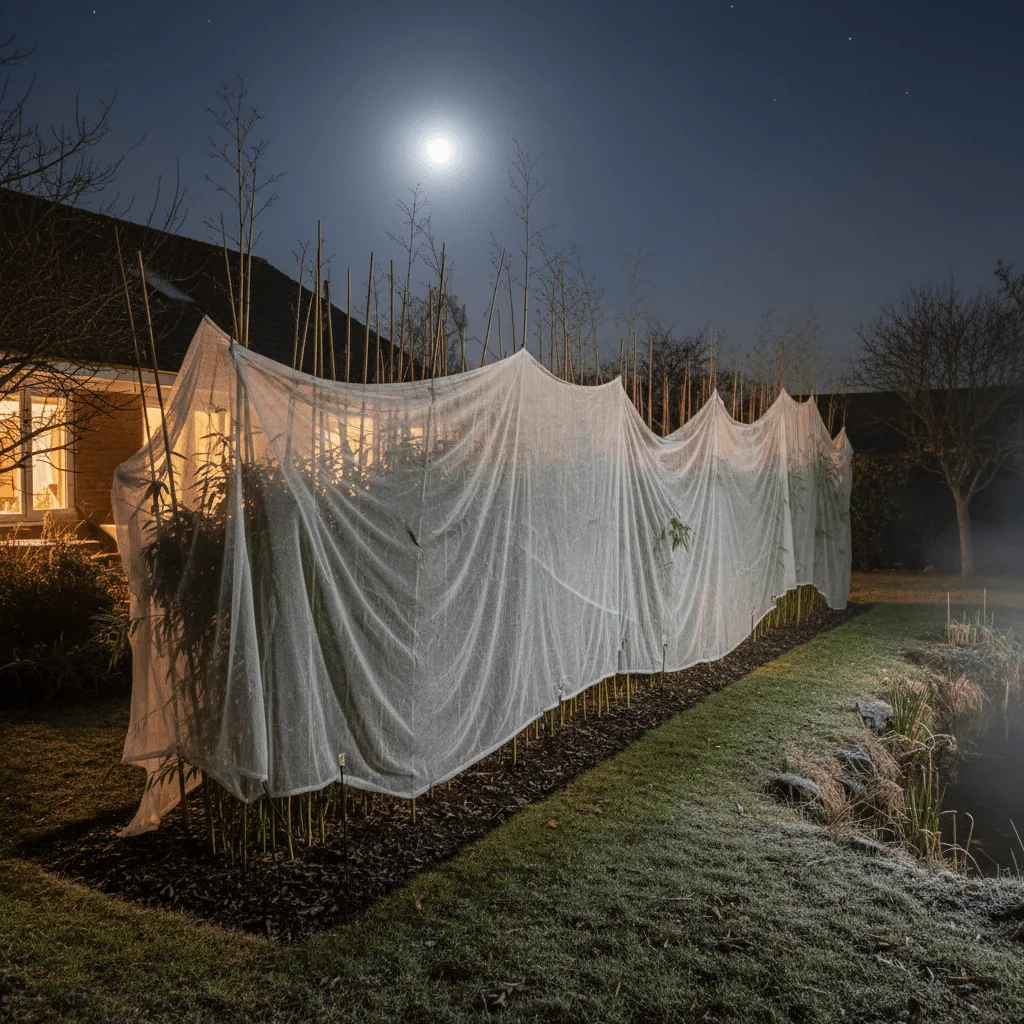 bamboe haag beschermd met vliesdoek bij late nachtvorst