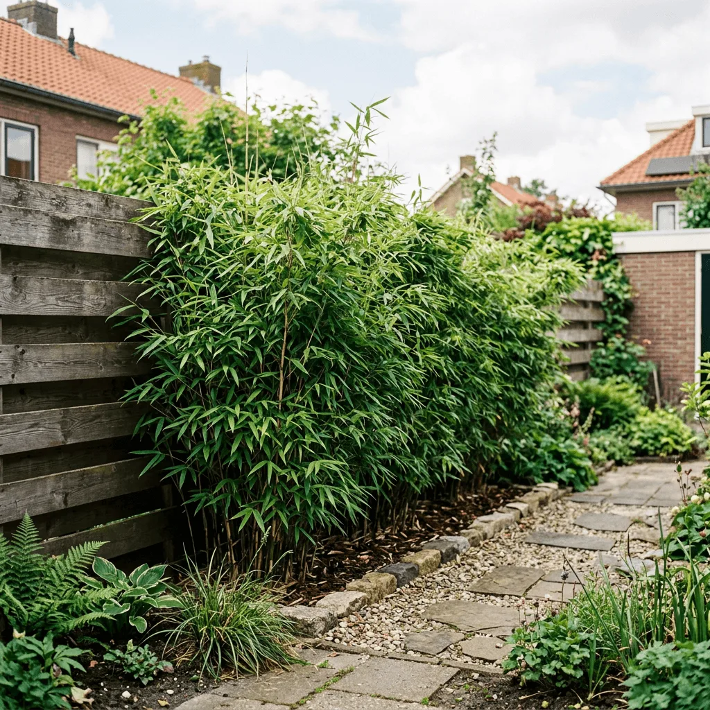 bamboe haag in kleine tuin langs houten schutting