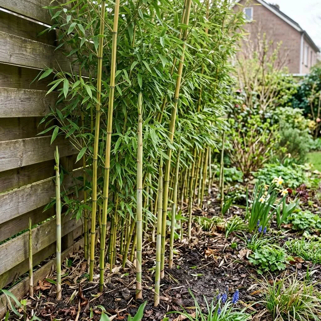 bamboe haag langs schutting in voorjaar met zichtbare nieuwe halmen