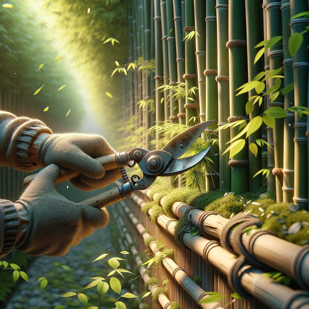 bamboe haag snoeien met schaar in voorjaar tuin