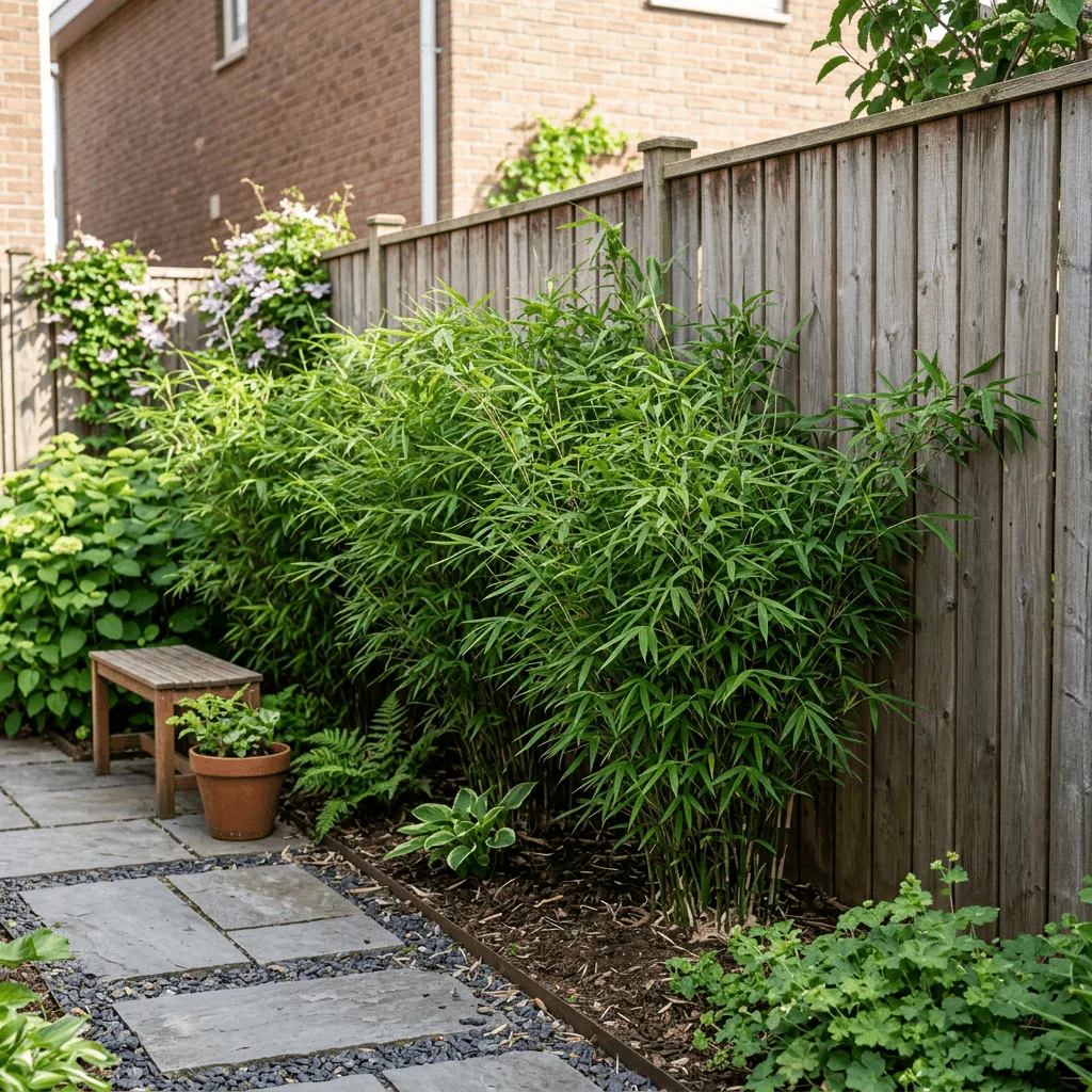 bamboe kleine tuinen met compacte Fargesia langs schutting