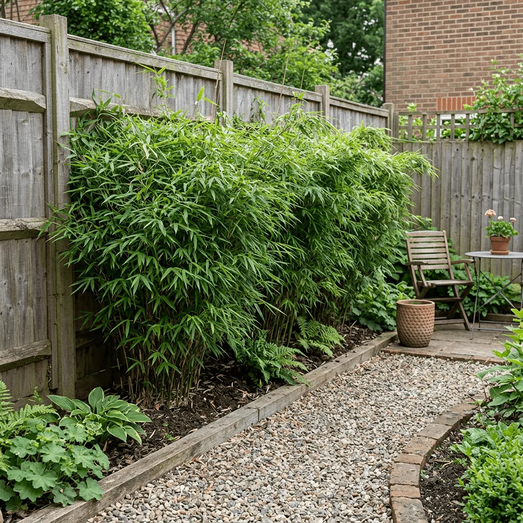 bamboe kleine tuinen met Fargesia privacyscherm langs schutting