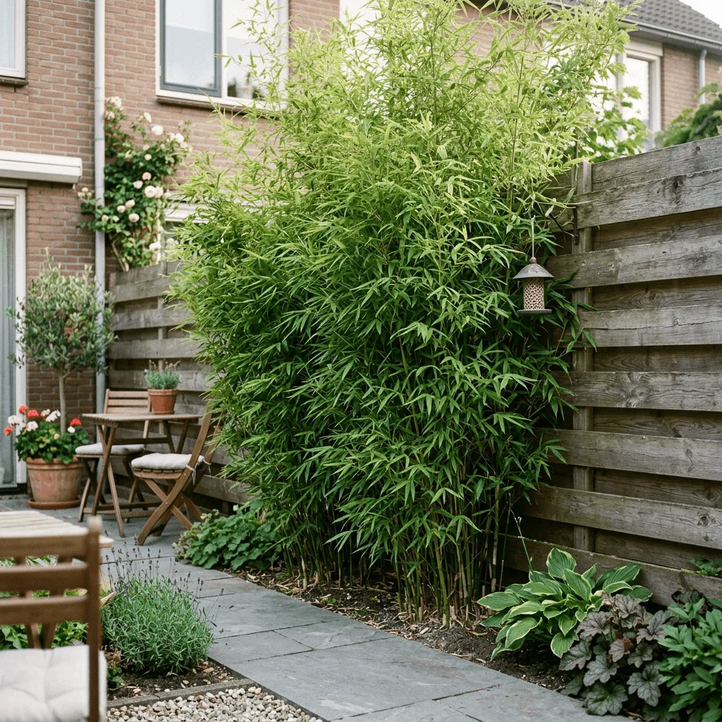 bamboe kleine tuinen als privacyscherm naast houten schutting