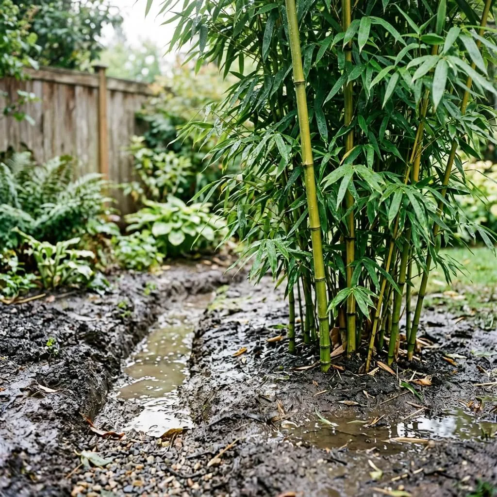 bamboe natte grond drainage met wateroverlast in tuin