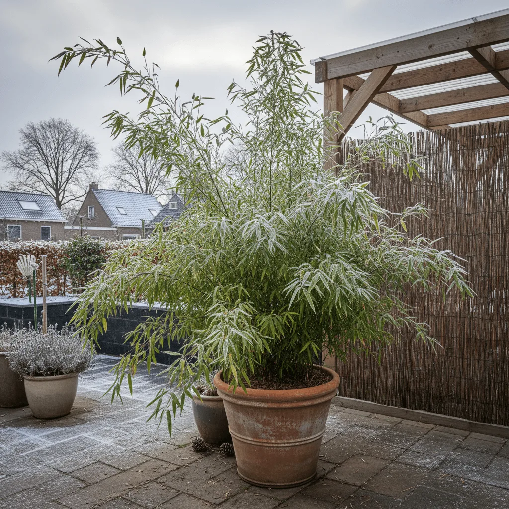 bamboe plant in pot op beschut terras tijdens Nederlandse winter
