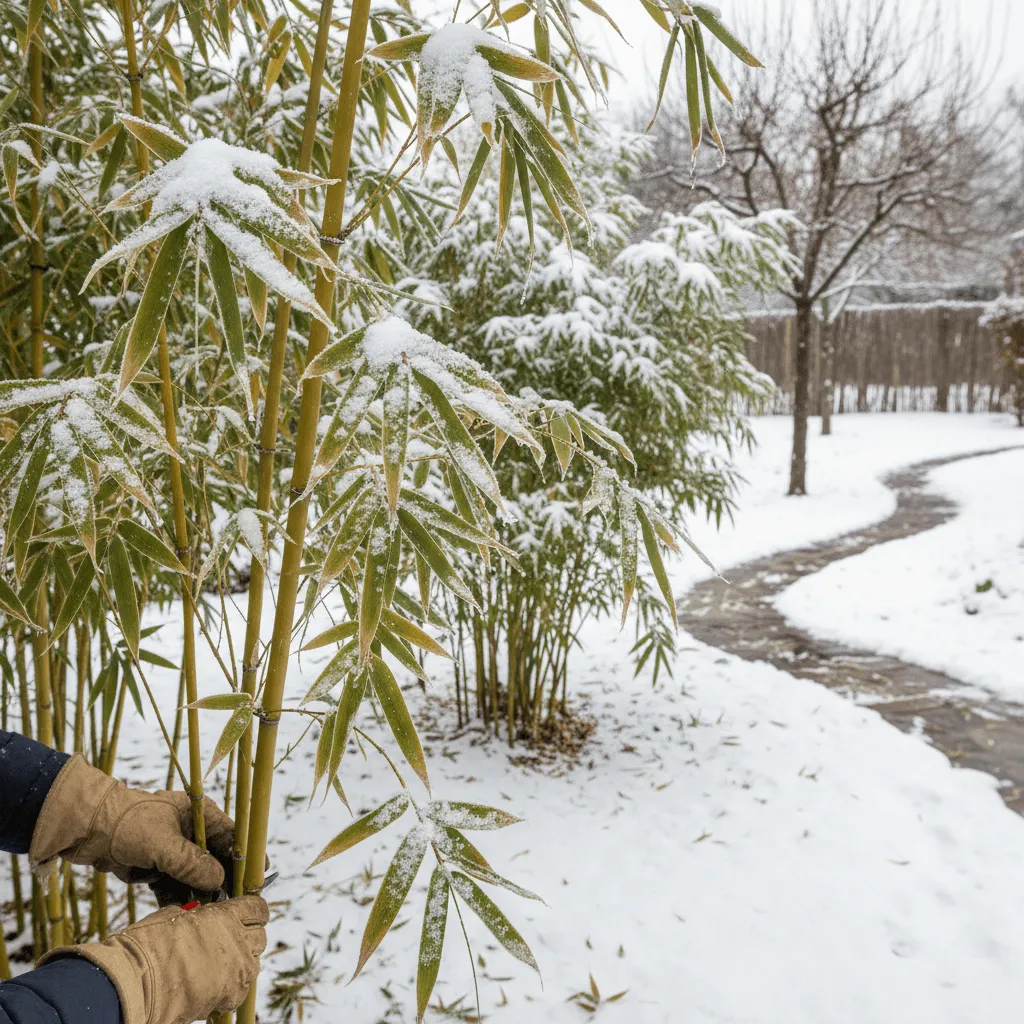 bamboe planten februari wintercontrole in besneeuwde tuin