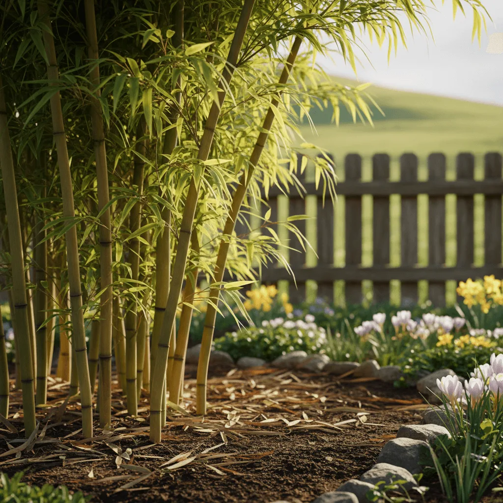 bamboe planten lente in zonnige tuin met frisse scheuten