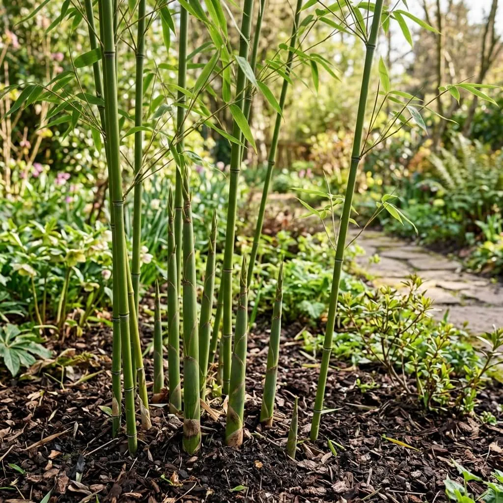 bamboe planten maart in zonnige voorjaarstuin met verse scheuten