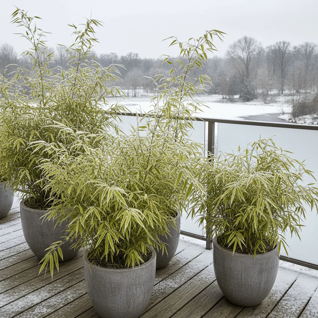 bamboe planten in potten op een terras in de winter