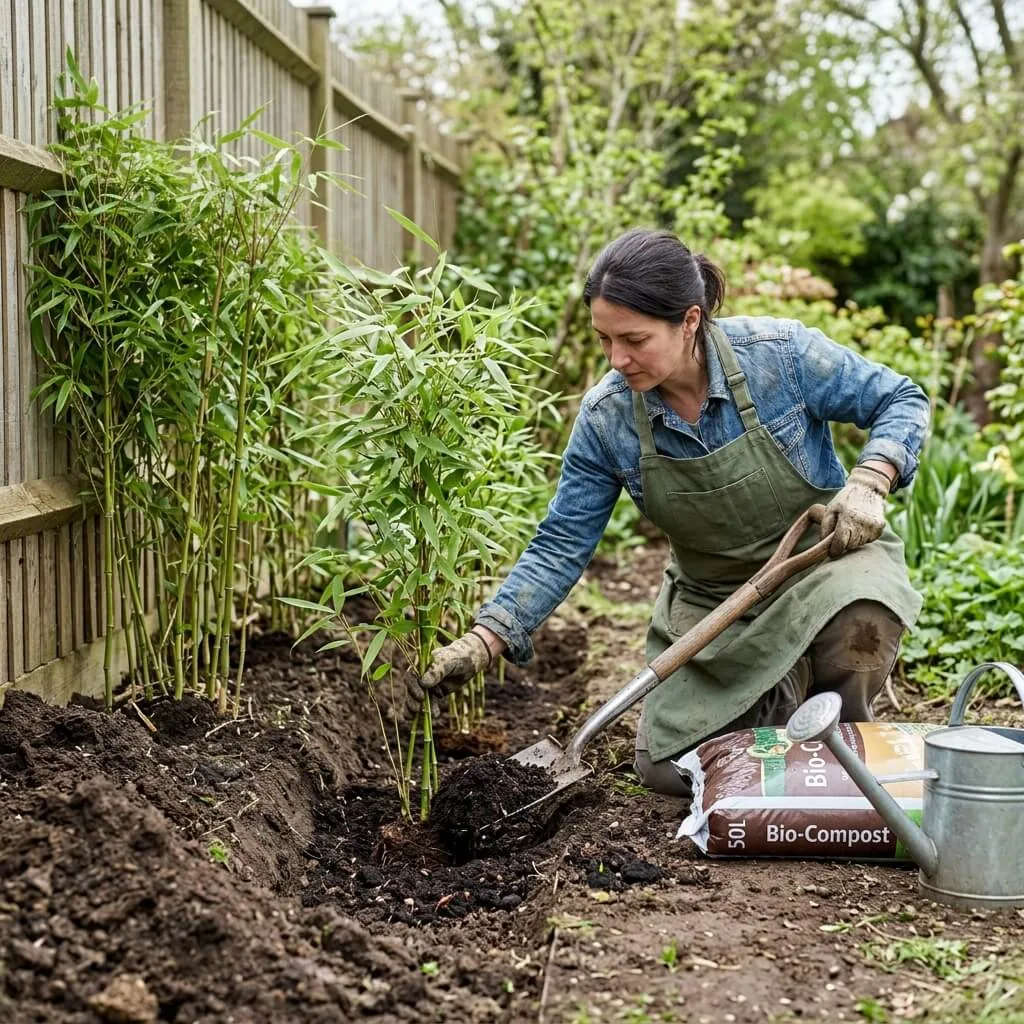 bamboe planten in de tuin in het voorjaar met schep en compost