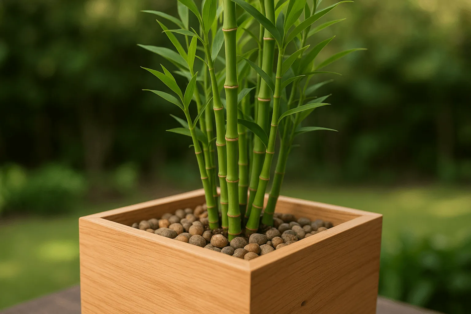 bamboe plantenbak met drainagegaten en grindlaag bodem