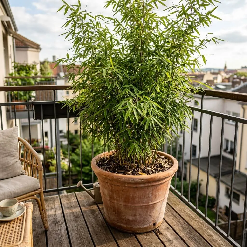 bamboe in pot op balkon met halfschaduw en houten vloer