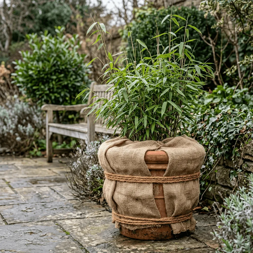 bamboe in pot ingepakt met jutedoek voor vorstbescherming op terras