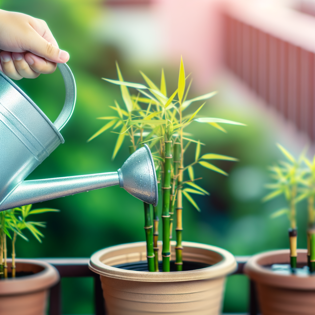 bamboe in pot water geven met gieter op terras