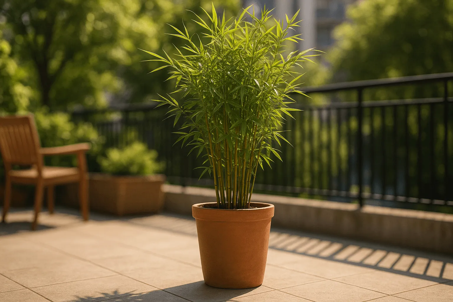 bamboe in pot op een zonnig terras of balkon