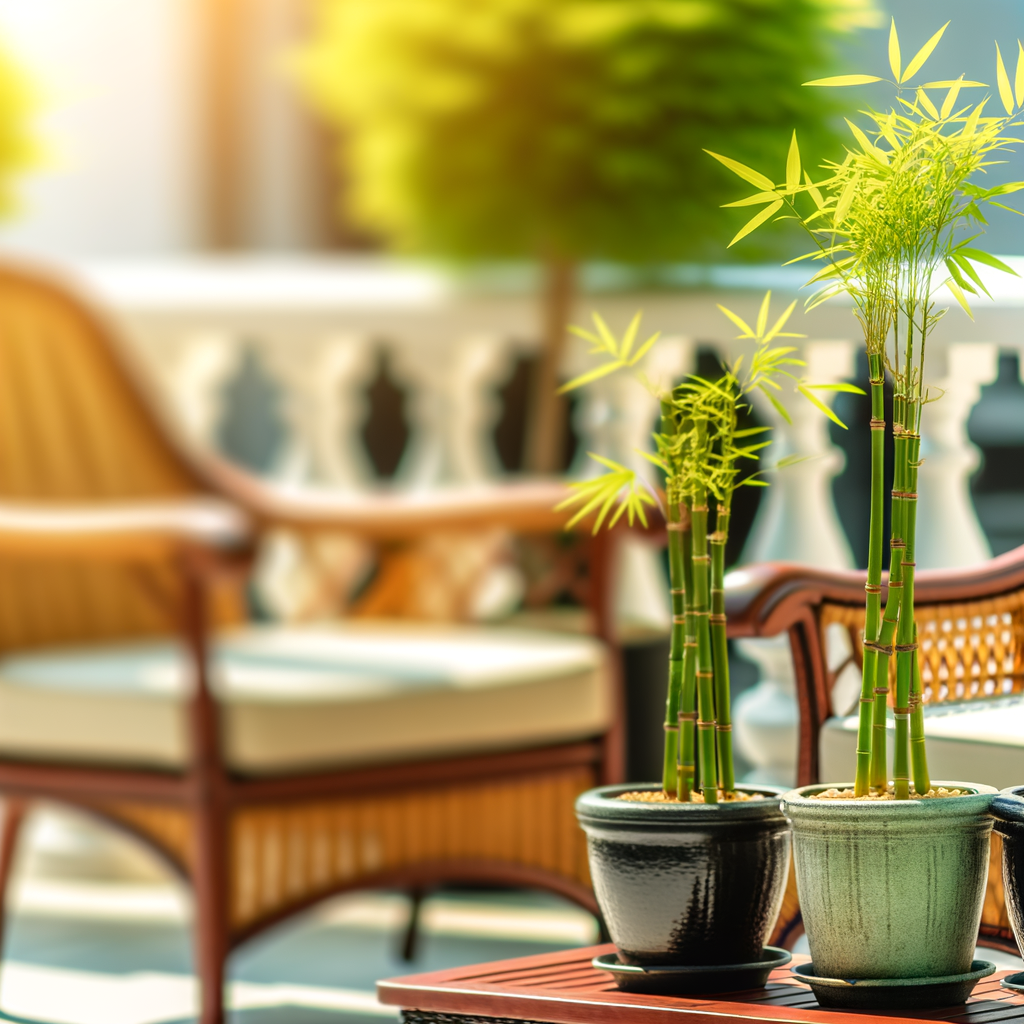 bamboe in pot op zonnig terras met tuinmeubelen