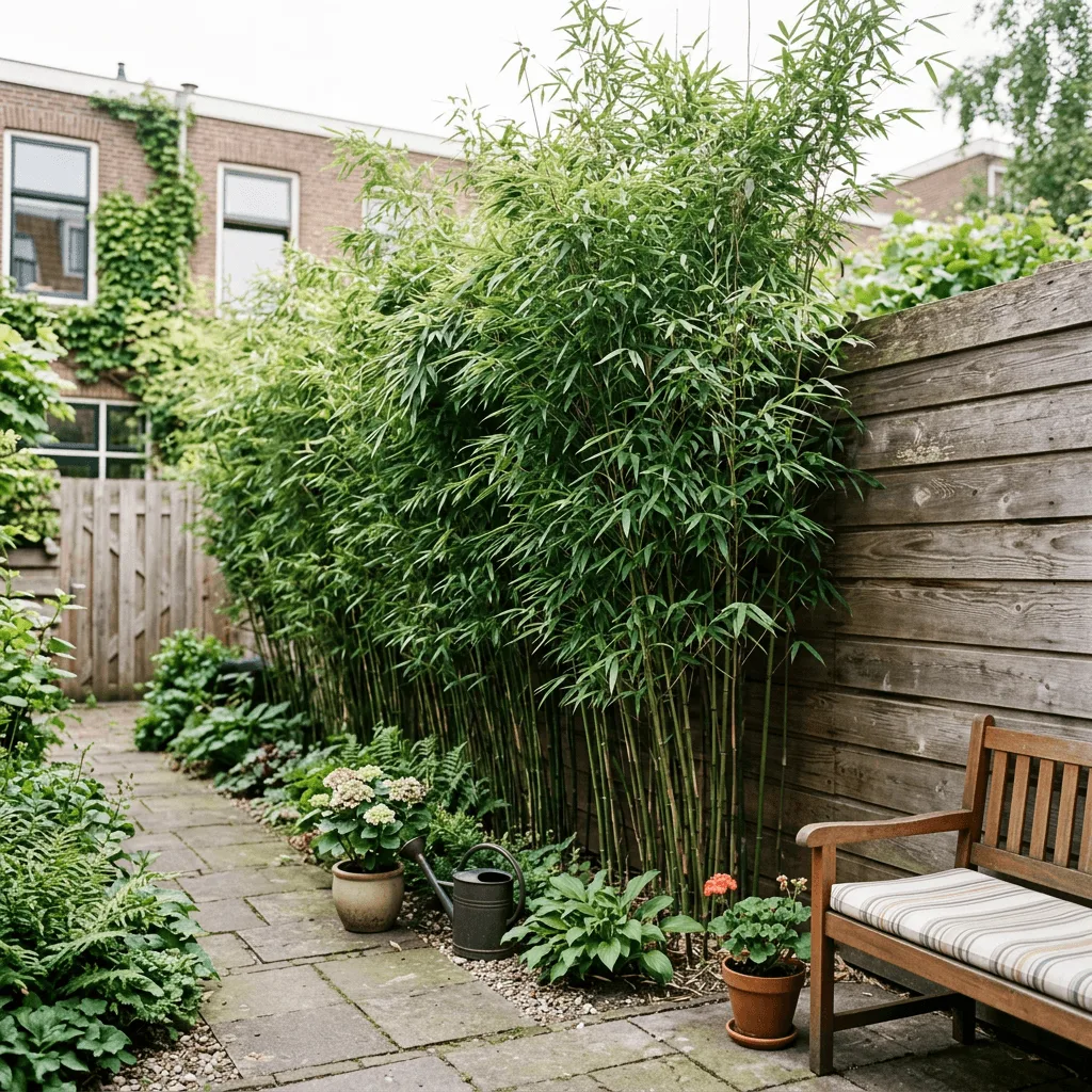 bamboe privacyscherm kleine stadstuin langs houten schutting