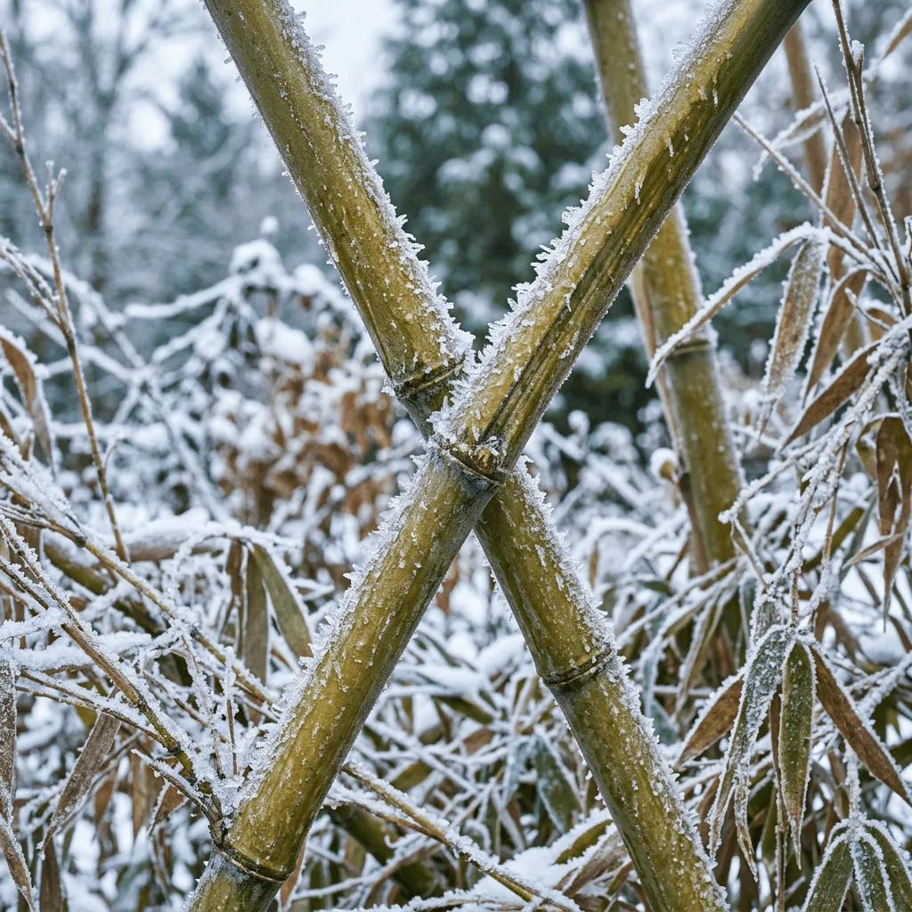 bamboe stengels met ijskristallen in winterse tuin