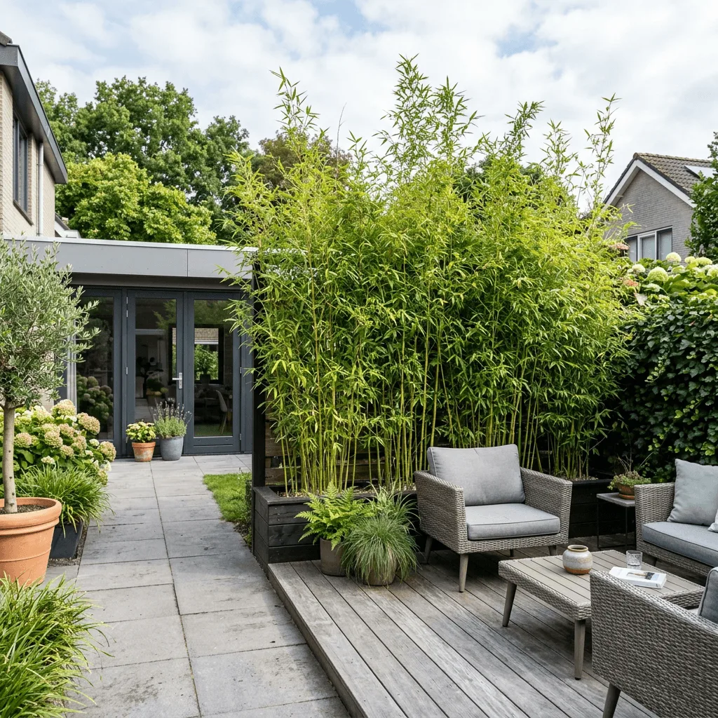 bamboe terrasafscheiding op modern terras met groene halmen