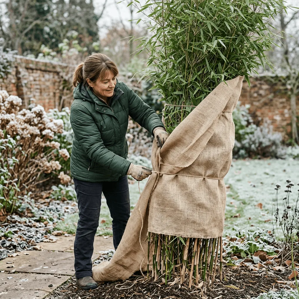 bamboe vorstbescherming aanbrengen met jutedoek in tuin