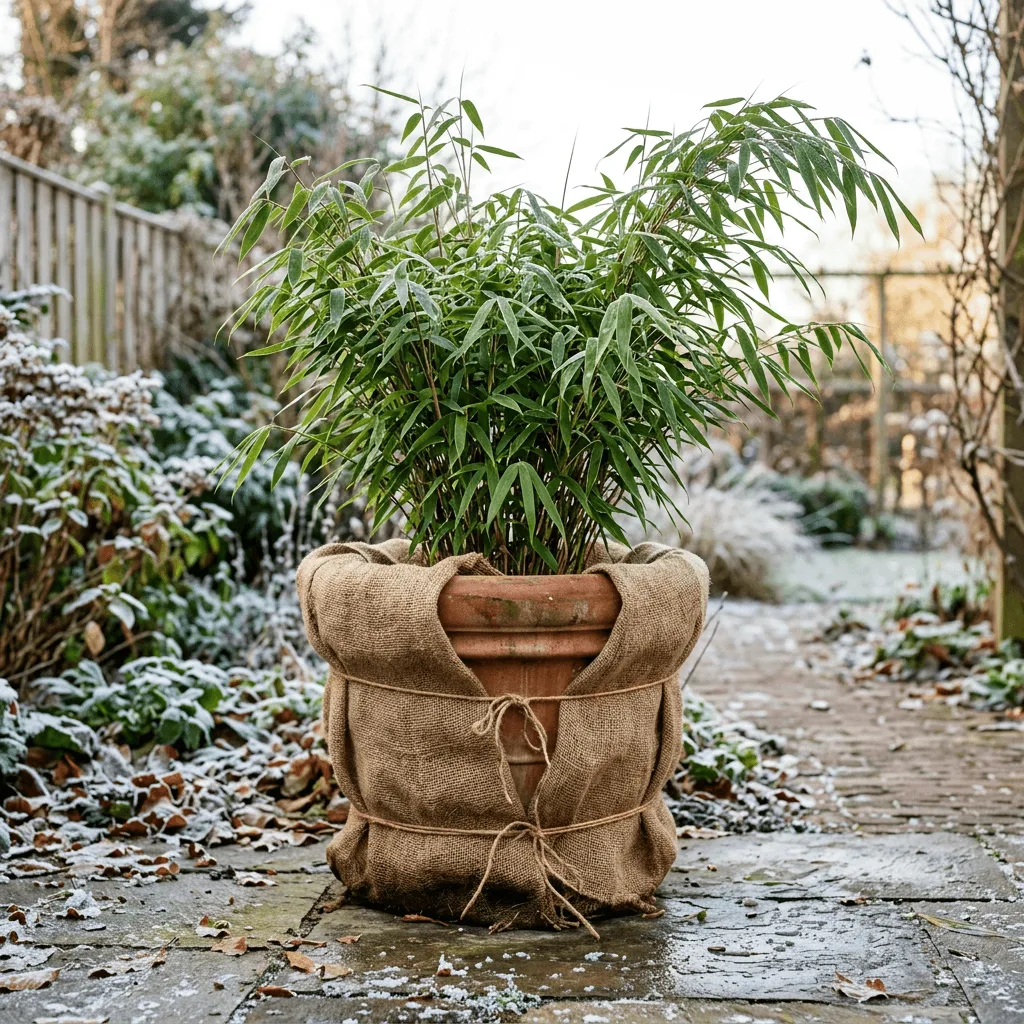 bamboe vorstbescherming met jutedoek om pot in winter