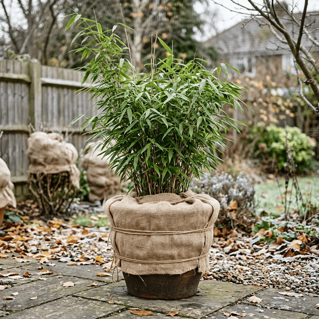 bamboe vorstbescherming met jutedoek om pot in de winter