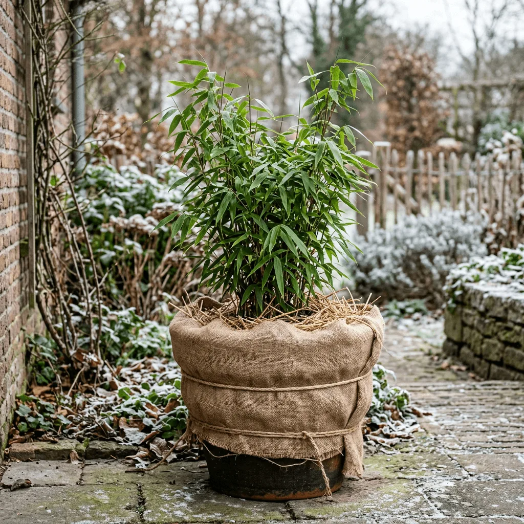 bamboe vorstbescherming met jutedoek rondom pot in winter