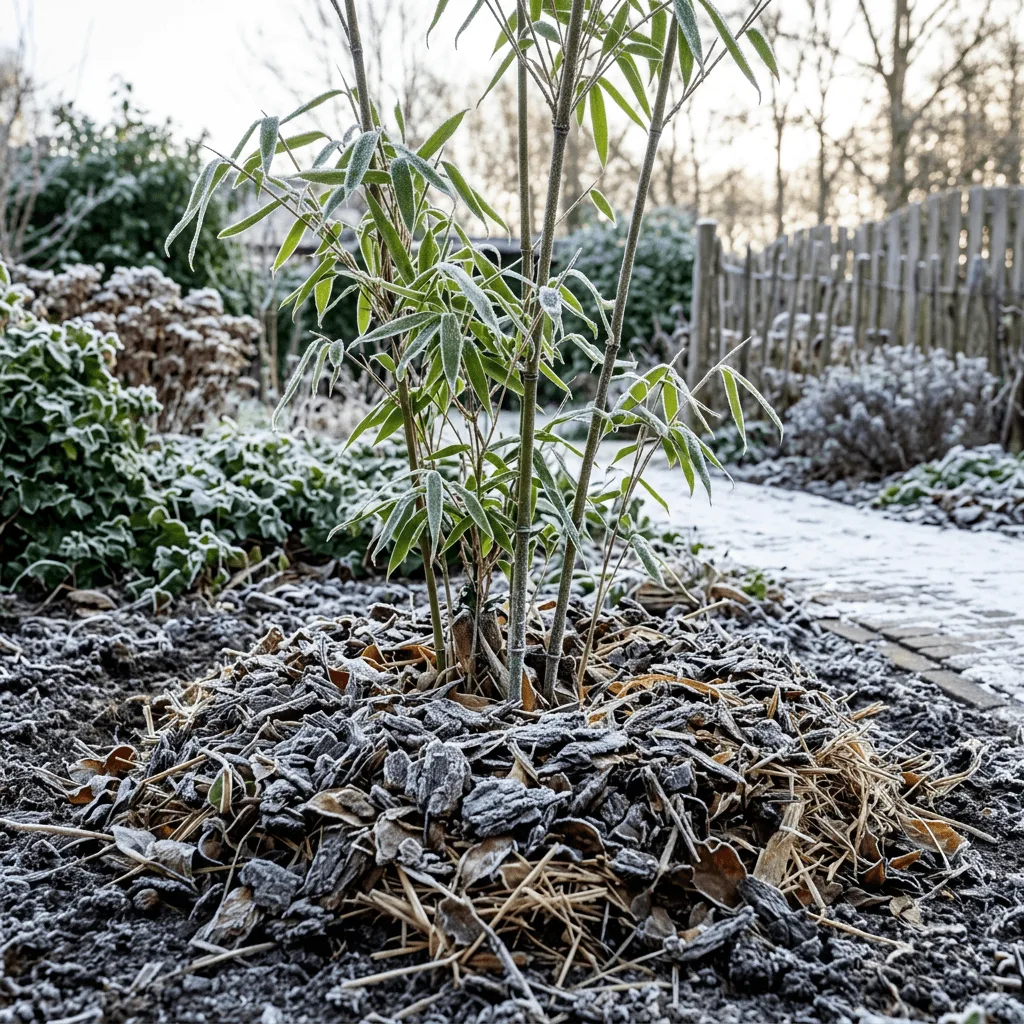 bamboe vorstbescherming met mulch rondom plantvoet in bevroren tuin