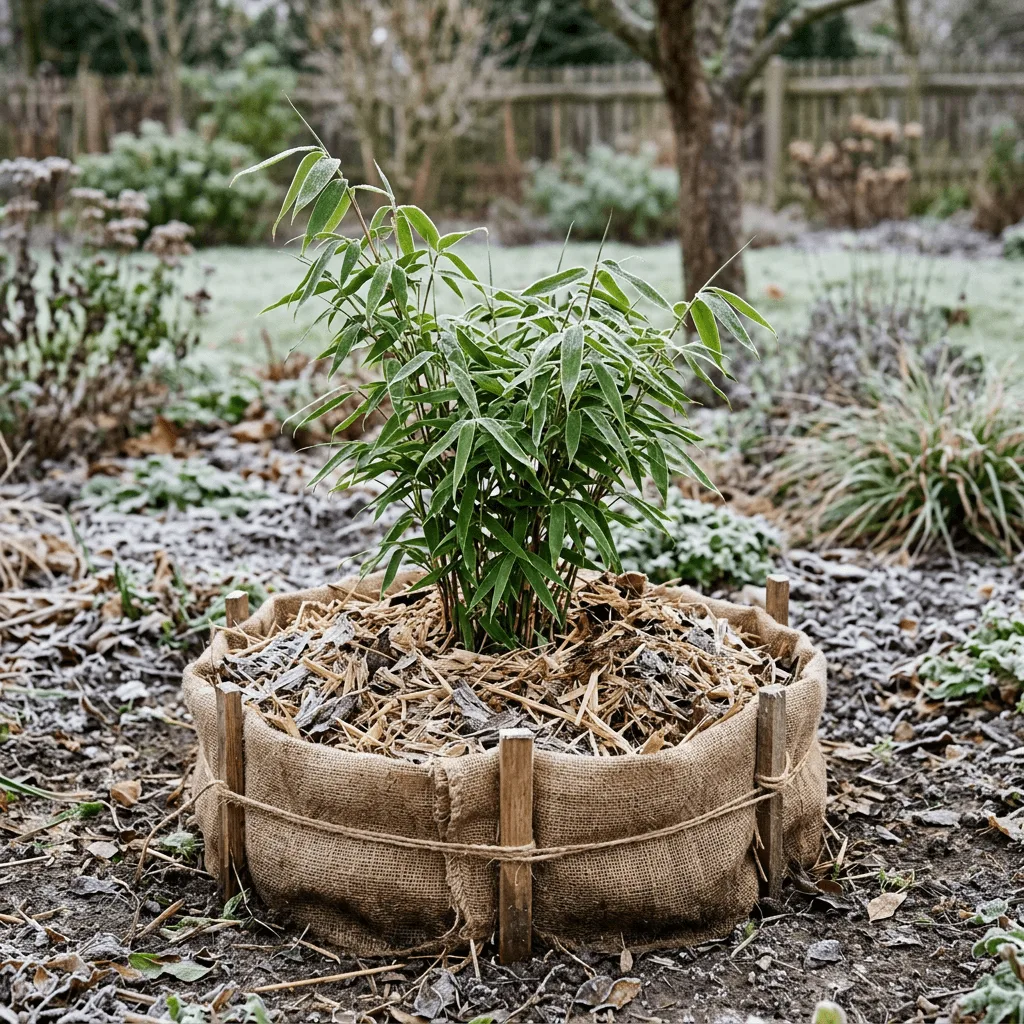 bamboe vorstbescherming rondom jonge fargesia plant in tuin