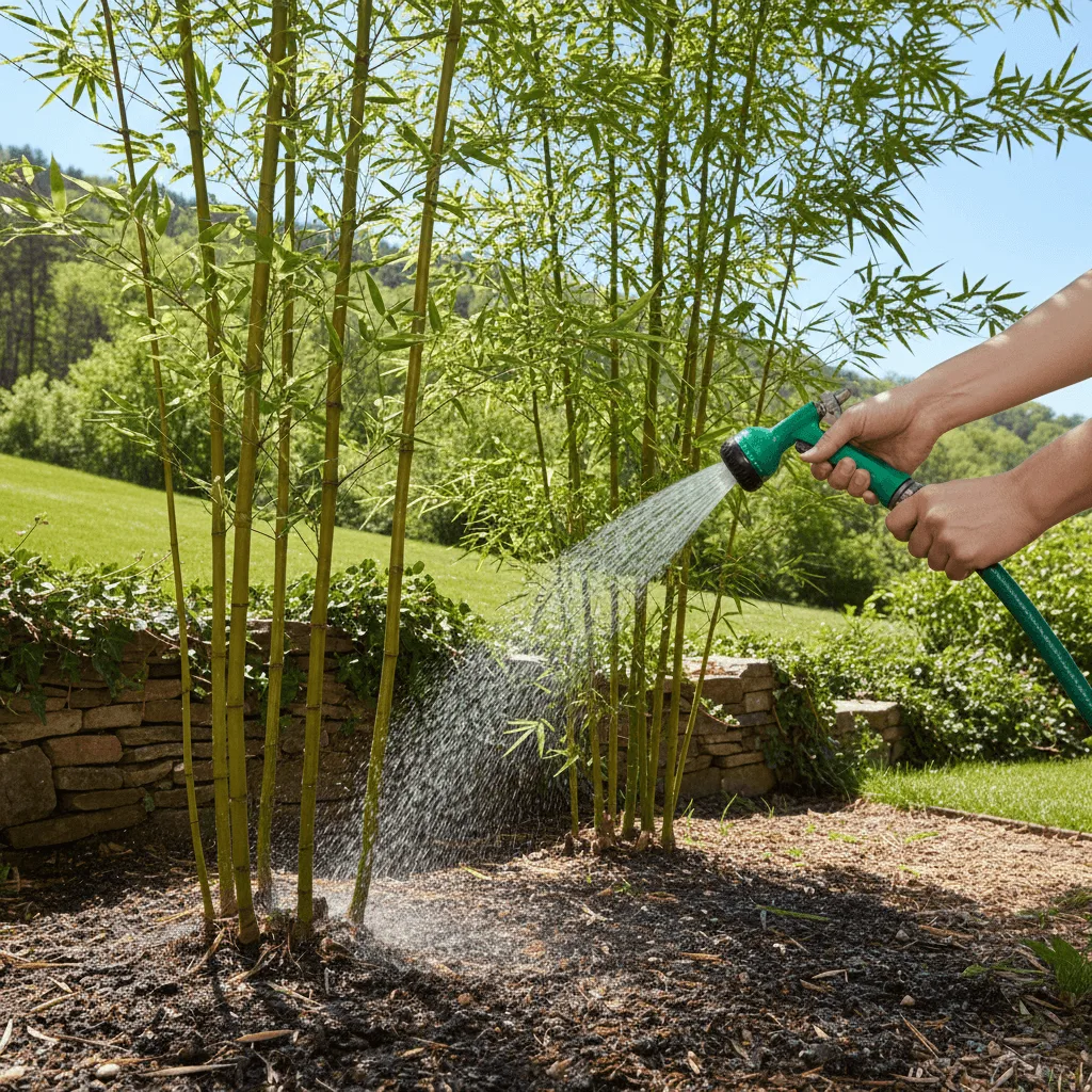 bamboe watergeven met tuinslang in zonnig voorjaar