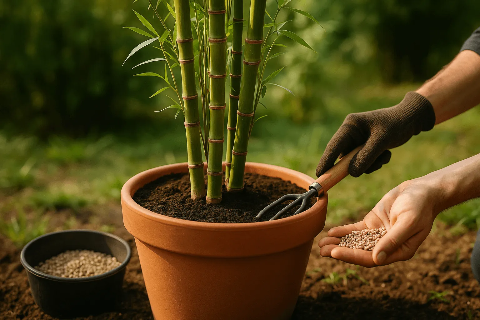 bamboeplant in grote pot met voeding en grondbewerking