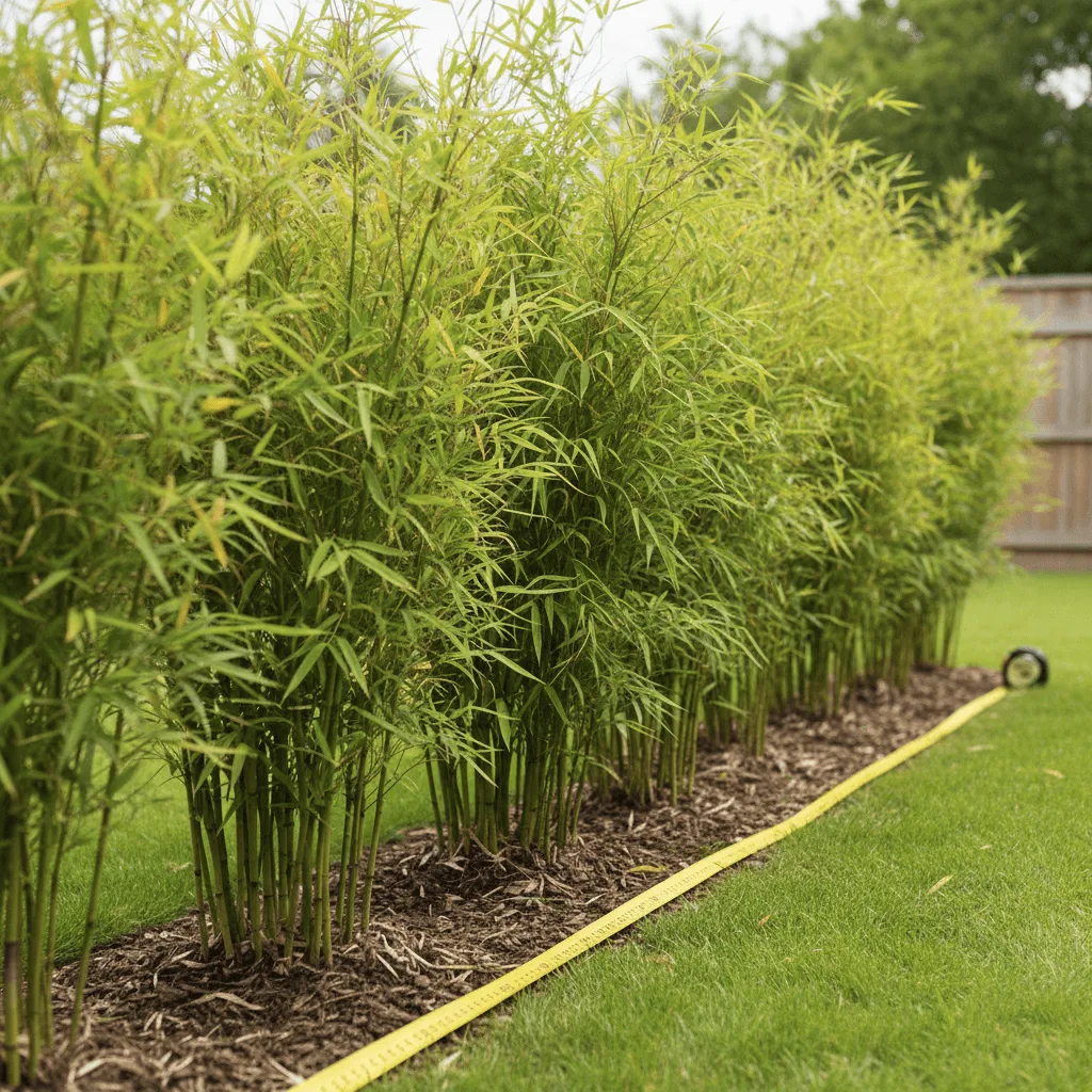 bamboeplanten op rij in de tuin met meetlint zichtbaar