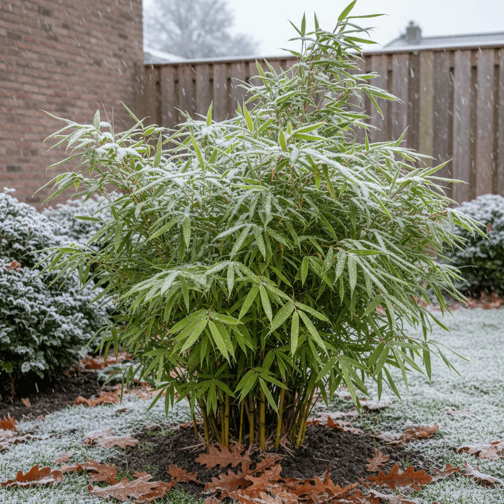 close-up van fargesia bamboe stengels met groene bladeren in winter