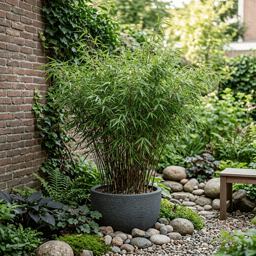 compacte Fargesia bamboe in kleine stadstuin met keien