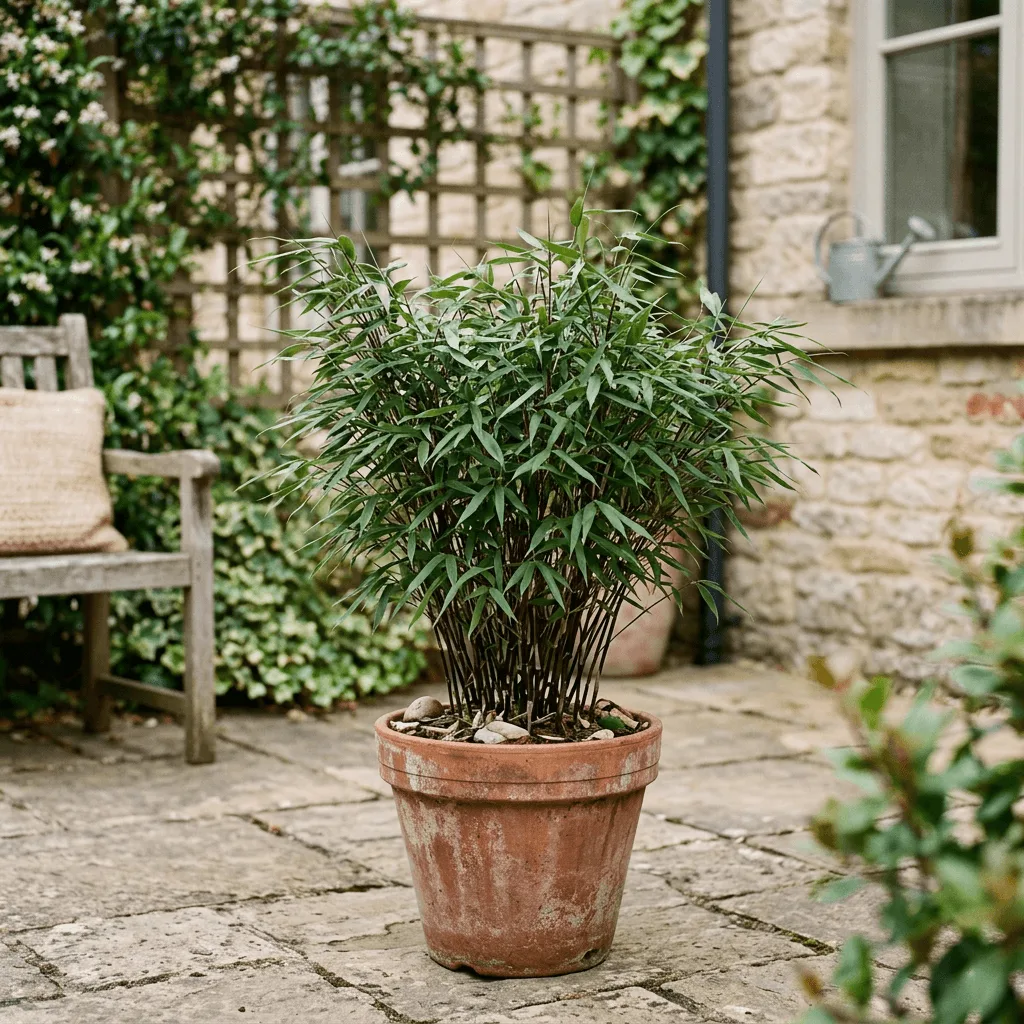 compacte Fargesia nitida bamboe in terracotta pot op terras