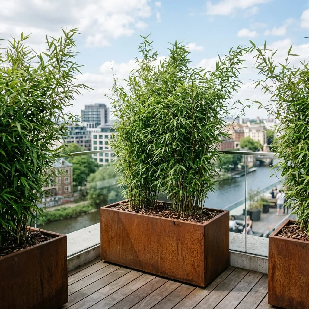 cortenstalen containers met bamboe fargesia op terras