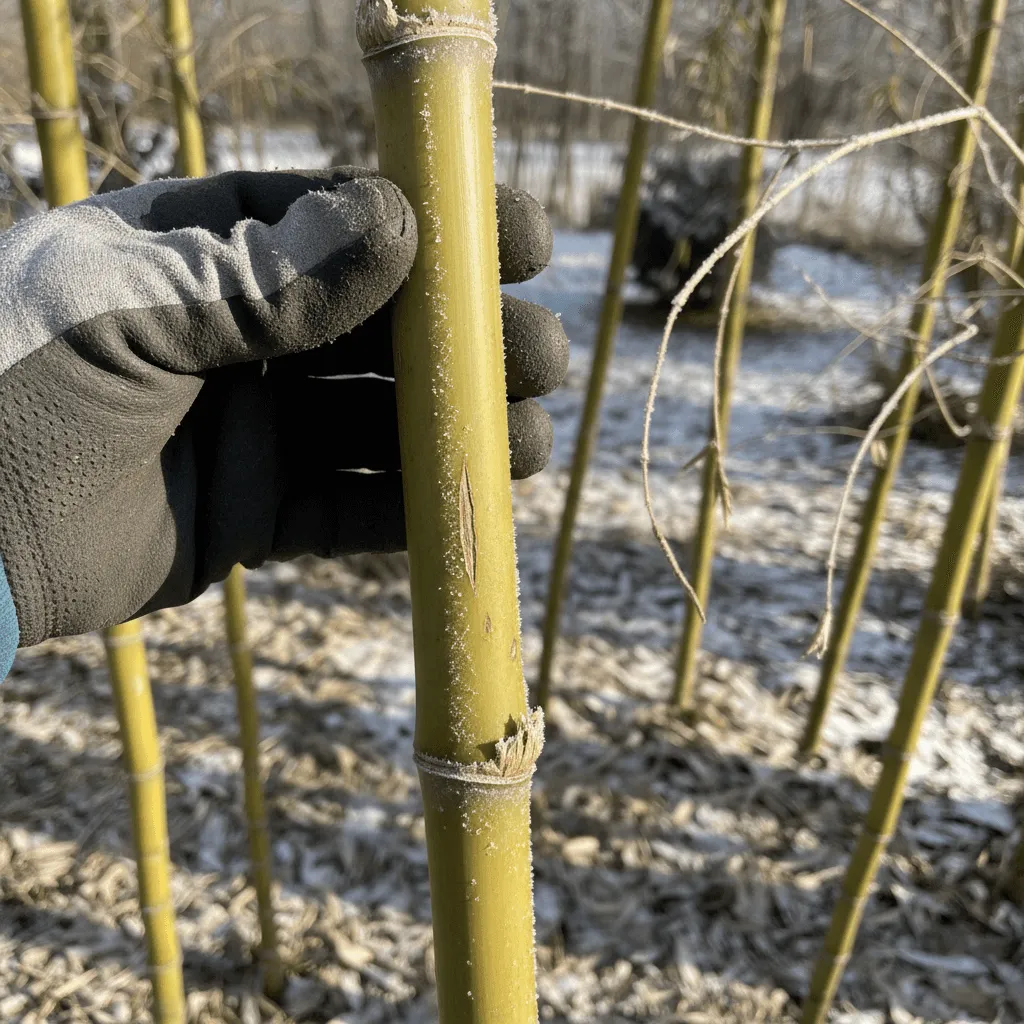 detail van bamboe stengel controleren op vorstschade februari