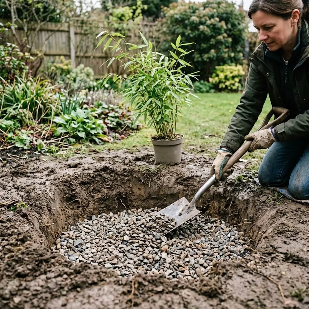 drainage grind laag in plantput voor bamboe aanplant