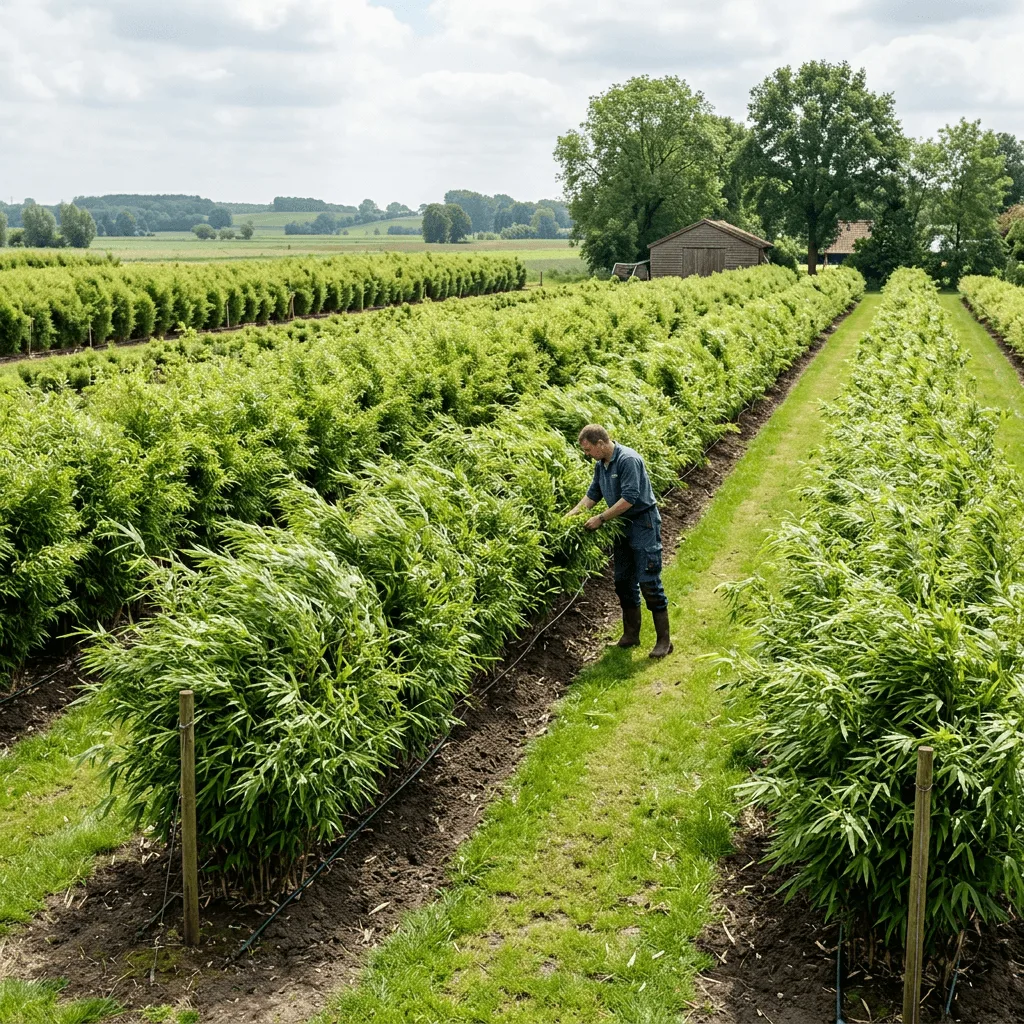 duurzame bamboe kwekerij met fargesia planten in rijen