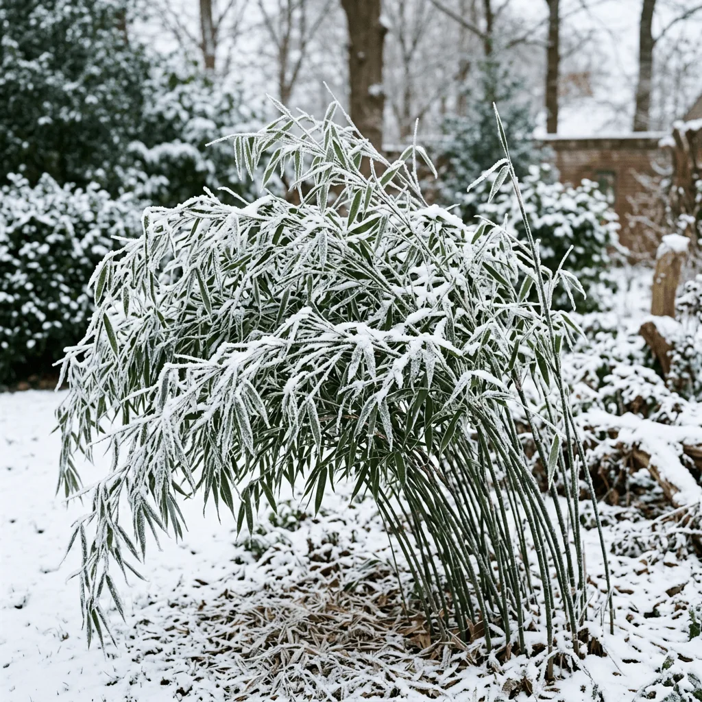 Fargesia bamboe met bevroren bladeren in winterse tuin