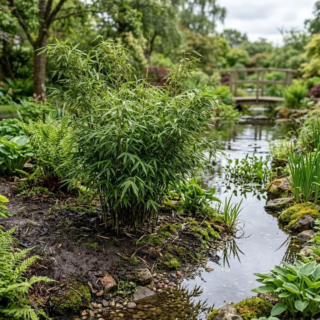 fargesia bamboe geplant naast vijver met vochtige bodem