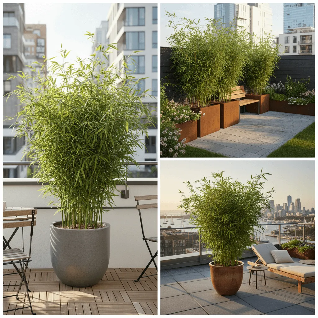 fargesia bamboe in grote pot op stads balkon