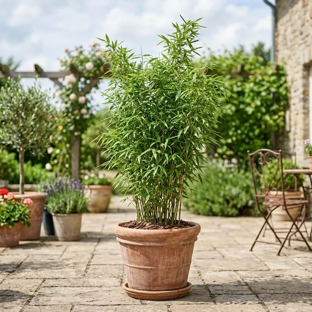 fargesia bamboe in grote pot op zonnig terras