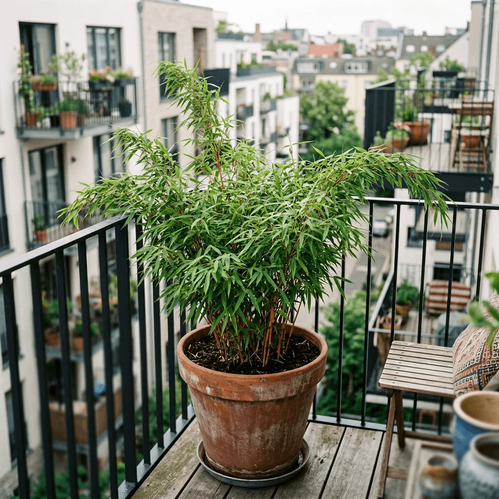Fargesia bamboe in grote terracotta pot op stadsbalkon